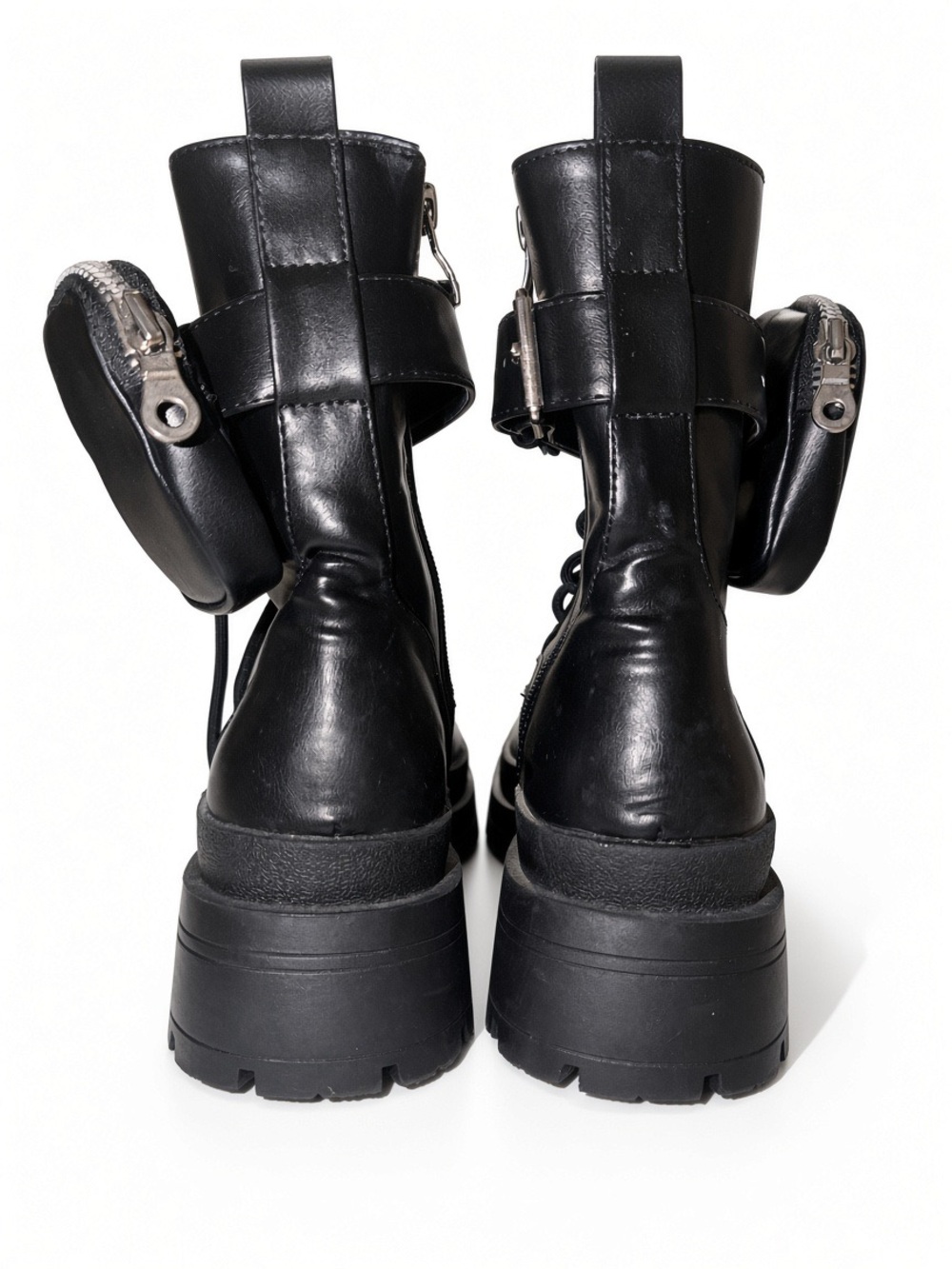 Chunky Platform Black Leather Combat Boots with Removable Pouches